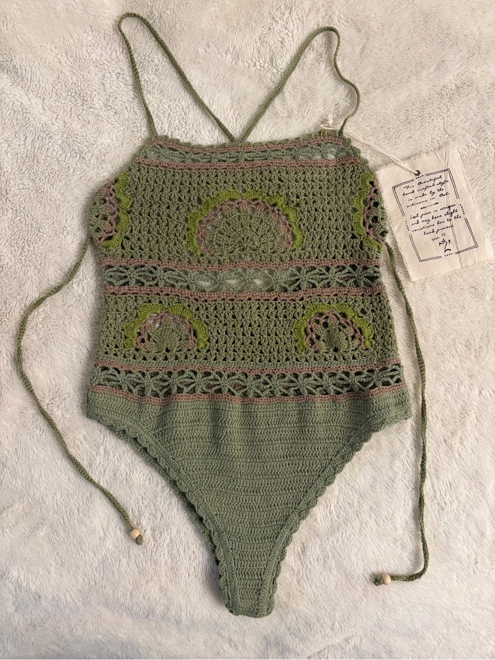 NEW Free People XS Bali Secrets Garden Bodysuit Cotton Knitted Crochet green